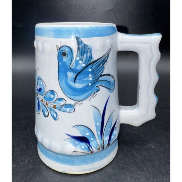 VTG Tonala Mexico Hand Painted Blue Bird & Flowers Pottery Mug Cup Stein 23oz - Picture 1 of 7